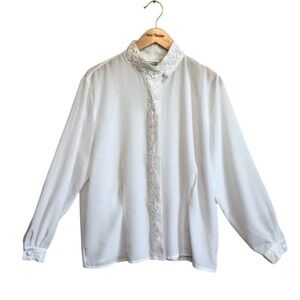 CHRISTIE & JILL Women 14 Vintage White Embroidered Button Up Blouse Professional